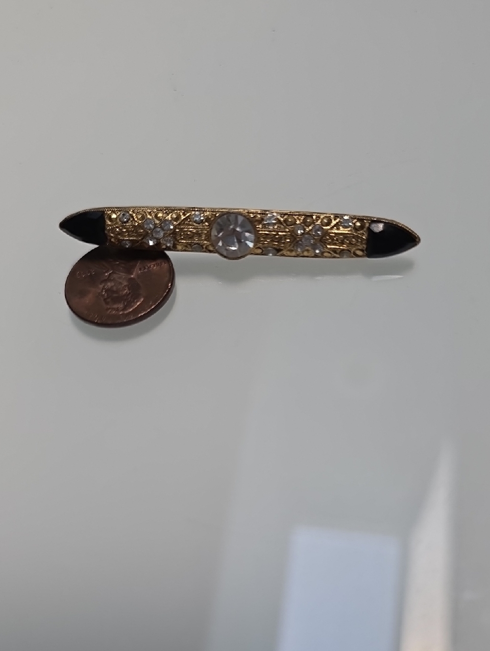 Gold Tone Vintage Bar Brooch with Clear Stones and Black Enamel